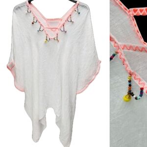 Simonetta Cover-up Shirt Womens XL White Gauze V-Neck Embellished Beach Cruise